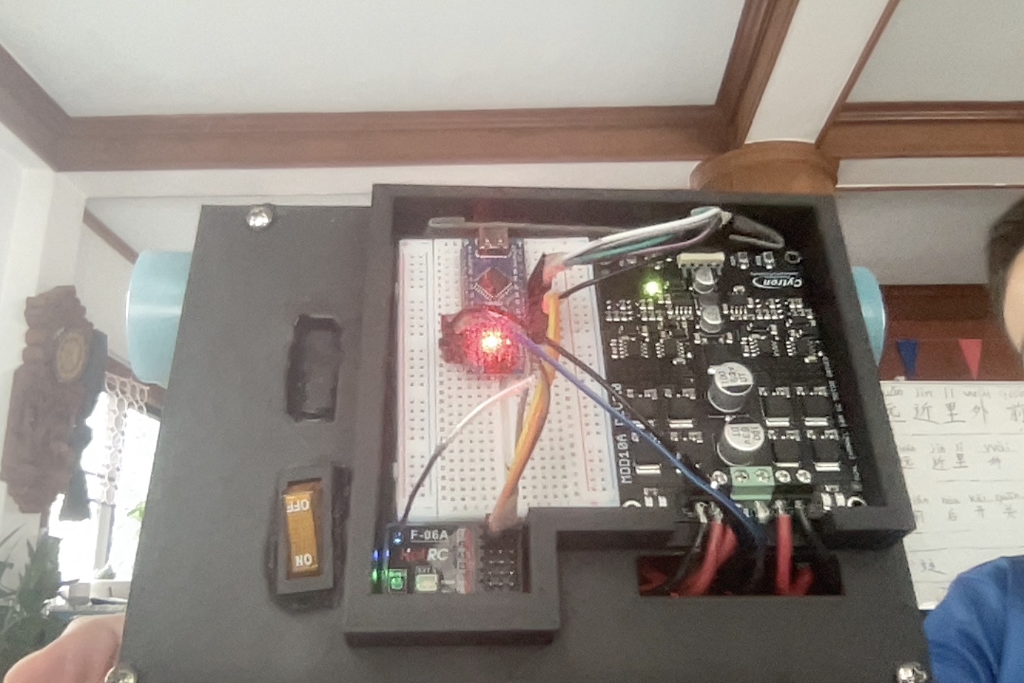 Version 2 electronics mounted inside the open robot chassis